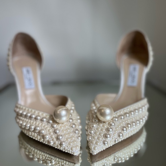 Like new JIMMY CHOO Sabine 85 faux pearl-embellished satin pumps 42 $1,895 - Picture 13 of 17